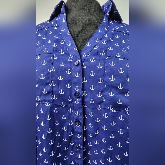 ♥️ EXPRESS PORTOFINO SHIRT BUTTON DOWN - NAVY BLUE ANCHOR PRINT WOMEN'S SIZE S|P - Picture 7 of 14